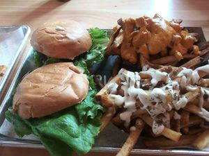 Humbl burger, avocado burger, cheese fries and aiolo fries at HUMBL in Orlando