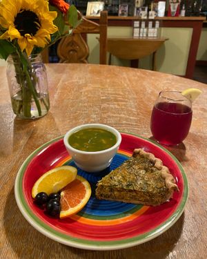 Vegan Quiche, Aguadito de Verduras soup, and a Chicha Morada Mimosa at The Black Dog in Snoqualmie