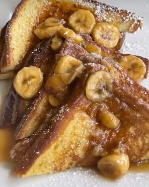 Made to order Vegan and gluten free French Toast topped  with organic banana sauce.  at Big Mike's in Fort Lauderdale