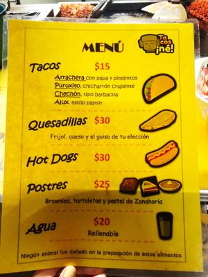 The menu  at Tacos Ne in Merida