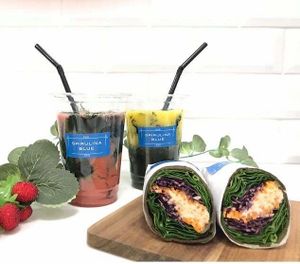 Raw vegan wrap set (¥1000 ) comes with raw spirulina coconut water. You can also choose your favourite spirulina smoothie instead (price may change).   at Spirulina Blue Ueno in Tokyo