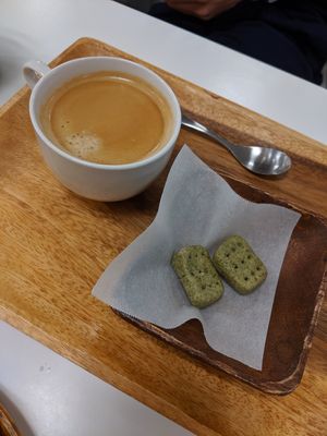 coffee with mini cookies! 🍪 at Spirulina Blue Ueno in Tokyo