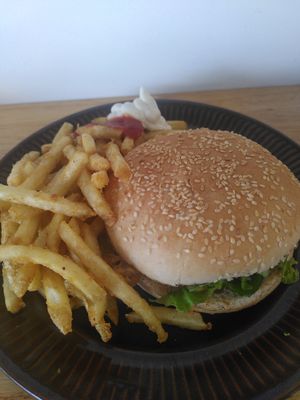 Chicken cheeseburger and fries at FTP Vegan Eats in Rotorua