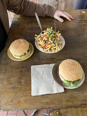 Chilli chickun burgers and loaded fries  at FTP Vegan Eats in Rotorua