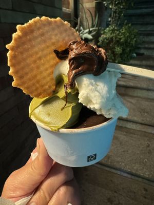 Chocolate, pistachio (rich and creamy), lemon basil and a sample spoon of Nutella (also rich and creamy)  at Panna e Liquirizia in Rome