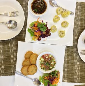 dim sam and crab cakes, vegan at Ariya Organic Cafe in Bangkok