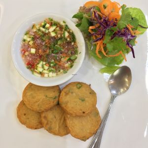 crab cakes, vegan at Ariya Organic Cafe in Bangkok