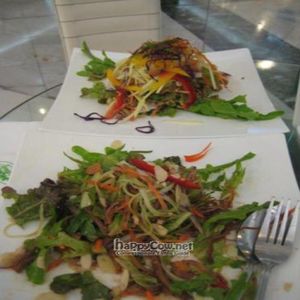 mushroom stem salad (foreground) and phad thai (rear). so fresh and so clean! at Ariya Organic Cafe in Bangkok