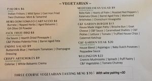 Vegetarian menu. Burger can also be made vegan but it will come with veggies instead of bun.  at Cork & Flame in Evans