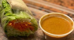 Spring Roll with tofu and vegetables.  The sweet and sour sauce is not vegan. Sub with peanut dressing. at Simply Thai in Louisville