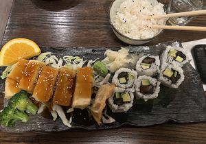 Bento with tofu terriyaki, veg roll, rice and salad  at Sumo Sushi Boat in Los Altos
