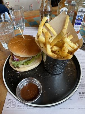 Vegan Motherclucker Burger and spiced fries  at Turtle Bay in Cardiff