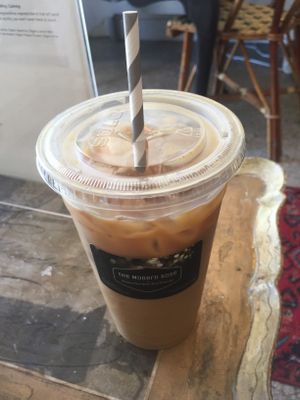 Latte with oat milk and sweetened with maple agave syrup at The Modern Rose in Deerfield Beach