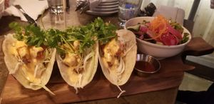 Delicious tacos & garden salad- hot sauce came on the side for the tacos! at Sociable Kitchen in Brantford