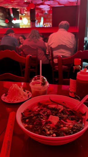 Tofu pho and durian horchataa which  at Luc Lac Vietnamese Kitchen in Portland