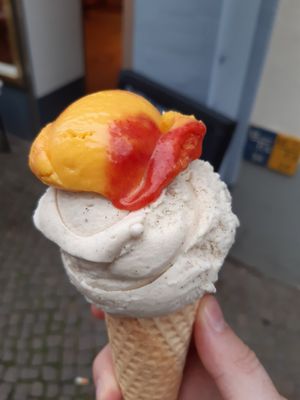 Vegan vanilla with a bit of mango/ passion fruit/ raspberry sauce at Luicella's - Hüxstraße in Luebeck