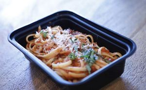 Pasta with vegan cheese at Alma Organic in Burbank