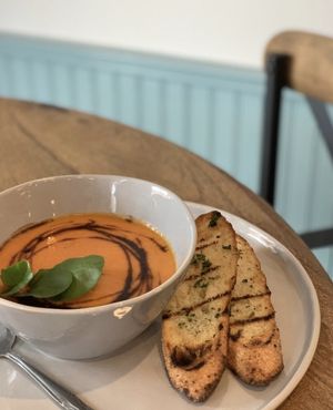 Tomato soup and LEGENDARY GRILLED BREAD at Alma Organic in Burbank