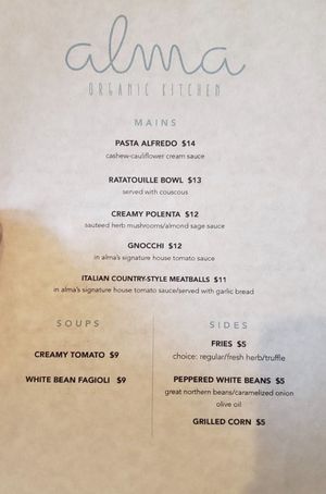 Menu at Alma Organic in Burbank