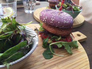 Vegan burger and salad at Bla Bla in Vevey
