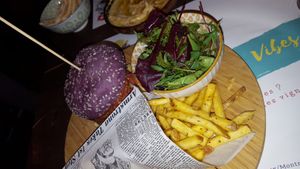Quite delicious vegan burger, with beet bun. Succulent, full of balanced flavour. Resto owner keen to hear our views of the (albeit limited) vegan option on the menu. Recommended at Bla Bla in Vevey