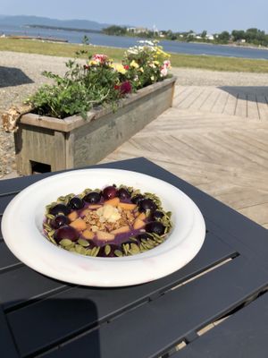 Amazing terrace view of the sea and the mountains. at Bistro Pointe Taylor in New Richmond