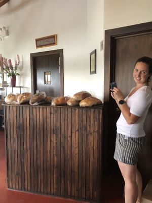 Marina (owner of the bakery) brings over all our bread. at Bistro Pointe Taylor in New Richmond