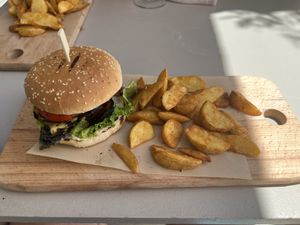 Vegan burger (full of med veg) and wedges  at Kritamo in Rhodes
