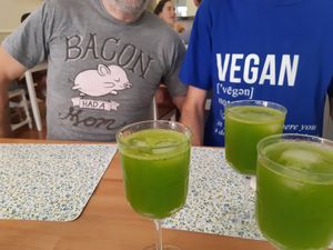 Happy vegan customers with a smoothie full of parsley and some more greens at 3 4 4 in Alicante