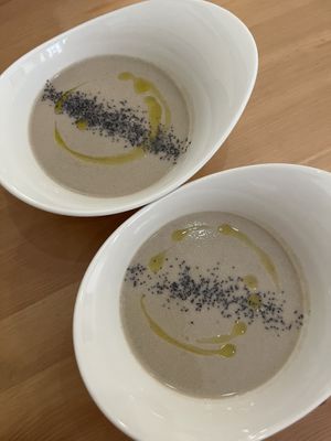 Mushroom cream soup from the daily menu  at 3 4 4 in Alicante