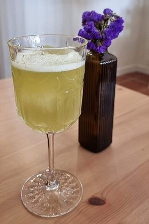 Drink of the day (with lemon, parsley, cactus) at 3 4 4 in Alicante