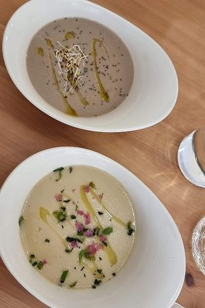 Soups of the day: Greek cream of sprouted chickpeas & Smoked cream of portobello mushrooms at 3 4 4 in Alicante