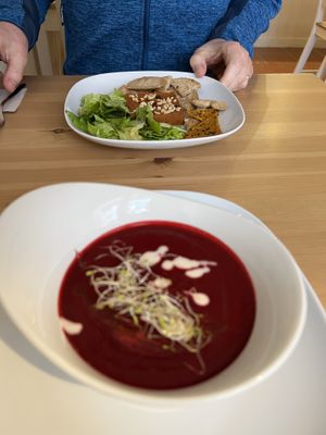 Crème of beetroot soup and tomato pate starters  at 3 4 4 in Alicante