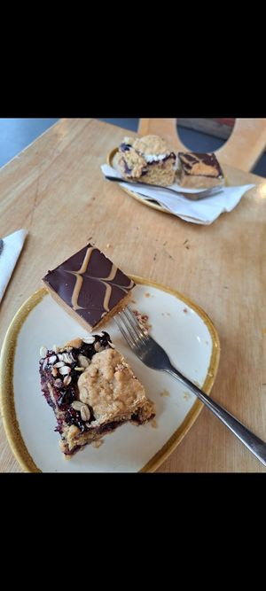 Berry crumble cake and lotus biscuit fudge cake at Abbey Road Coffee in Malvern