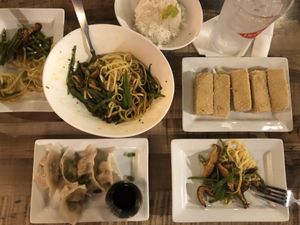 Veggie Pot Stickers / Dan Dan Noodles (sun for rice noodle) / Crispy Tofu at Wicked Bao in Fernandina Beach