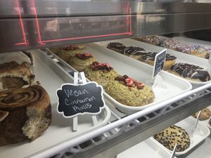 Vegan dessert shelf at Pizzeria 1081 & Bakery in Akron