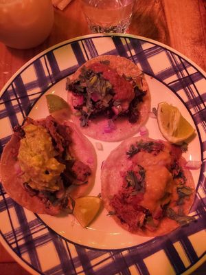 -Top taco: Al Pastor -Left: Pollo -Right: Carnitas at Sugar Taco in Los Angeles