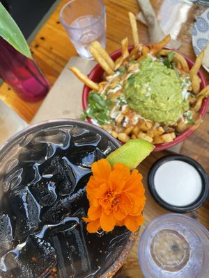 Ghost Pepper Margarita and Loaded Fries with Pollo  at Sugar Taco in Los Angeles