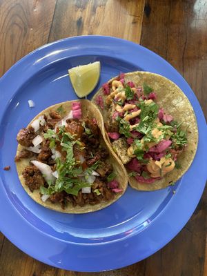 “Carne” asada on the left, "fish” on the right  at Sugar Taco in Los Angeles