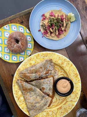 Fish taco, chorizo quesadilla and churro donut 🤤  at Sugar Taco in Los Angeles
