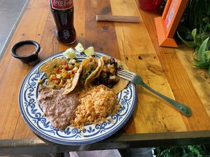 3 taco plate w veggie, v-carnitas and v-al pastor tacos    at Sugar Taco in Los Angeles