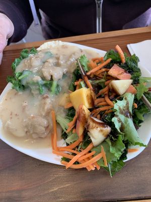 Biscuits and Gravy with Kale Salad.  at EARTH in Twain Harte
