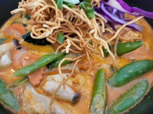 Khao Soi, closeup. Linguine noodles are hidden under yonder. at 29 Coffties in Chiang Mai