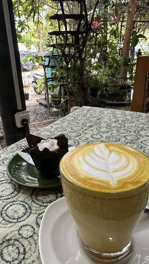 Turmeric latte, vegan carrot cake  at Cafe Zen in Negombo