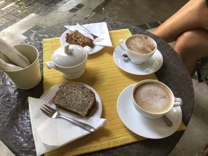 coconut cappuccino with banana bread and flapjack  at Cafe Zen in Negombo