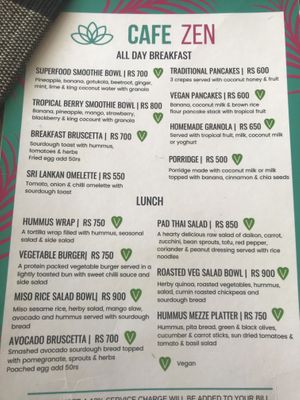 Menu at Cafe Zen in Negombo