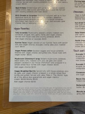 Vegan section on menu   at The Wild Plum Cafe in Monterey