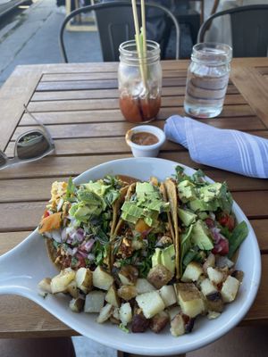Vegan sunrise tacos and half a Bloody Mary😄 at The Wild Plum Cafe in Monterey