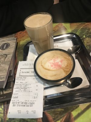 Hazelnut latte & Japanese lychee latte. Delicious and cheap! at Cafe Frei in Budapest