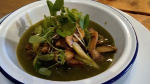 Wild mushroom & asparagus with watercress veloute at Allotment in Manchester